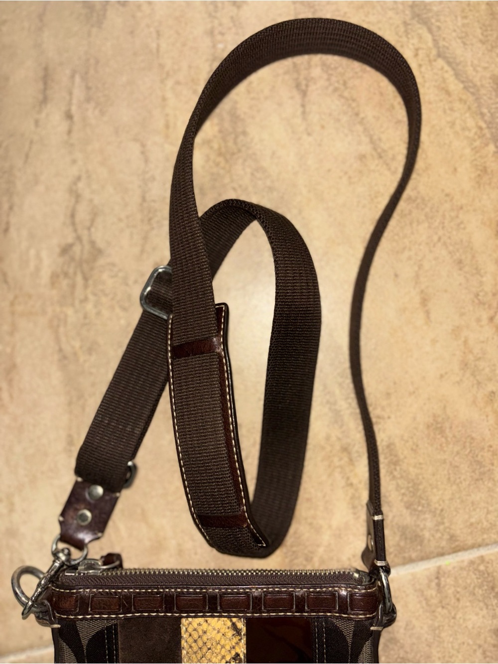 Coach VINTAGE Dark Brown Crossbody with Snake-Print suede & leather Stripe 2006 - Picture 8 of 11